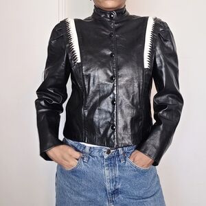 VTG Black and White Collarless Genuine Leather Women's Jacket S